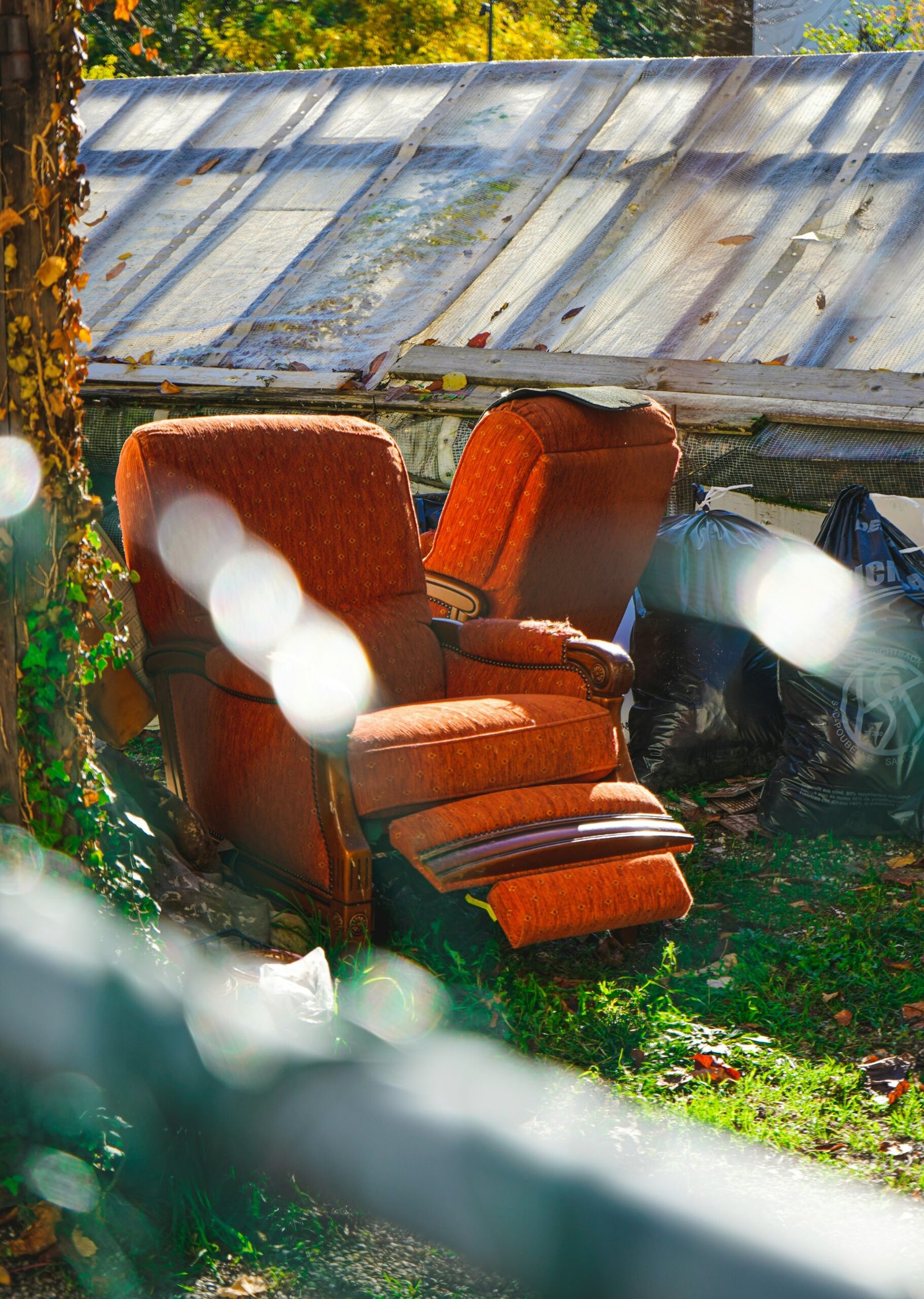 a chair outside with a wood fence in the back